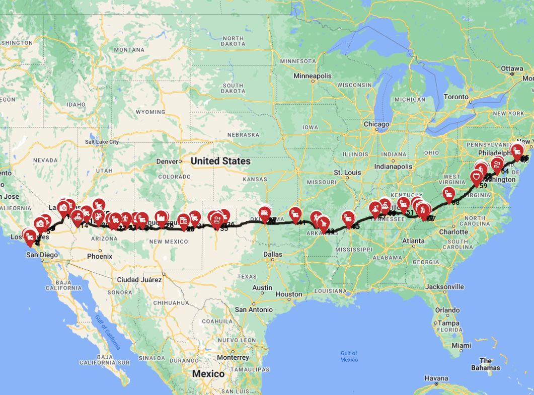 from the West coast to the east coast motorhome trip from Los Angeles to Philadelphia
